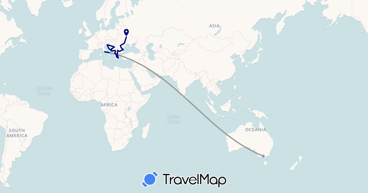 TravelMap itinerary: driving, plane, boat in Australia, Bosnia and Herzegovina, Bulgaria, Greece, Croatia, Italy, Moldova, Montenegro, Macedonia, Romania, Serbia, Slovenia, Ukraine (Europe, Oceania)